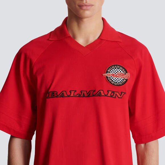 Balmain Men's Relaxed Fit Collared V Neck Red Racing Patch Polo Shirt Size 2XL - Picture 13 of 15